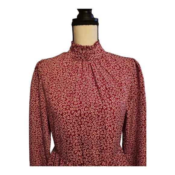 SHEIN Red with White Floral Shirred Neck Long Sleeve Dress Size S - Picture 5 of 10